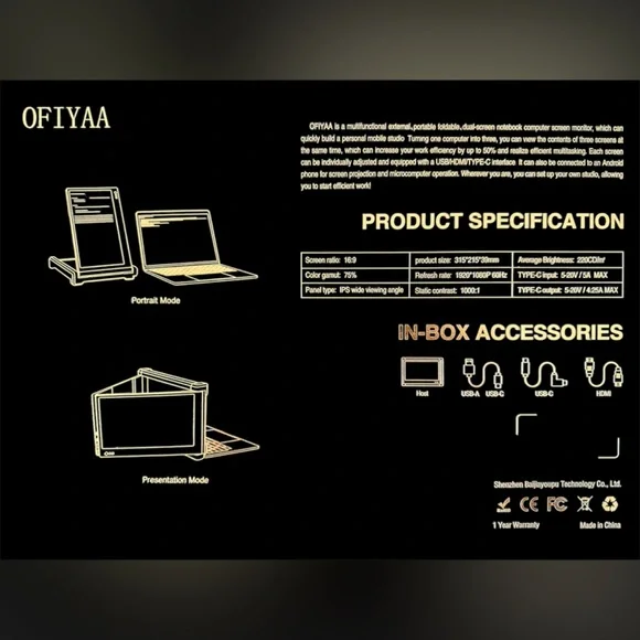 OFIYAA P2 Black Tri Screen Full HD IPS Display Portable Monitor For Laptop